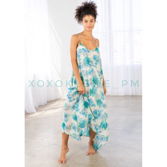 Blue & Green Vibrant Floral Print Maxi Dress Spaghetti Straps Uneven Hem - Picture 10 of 14